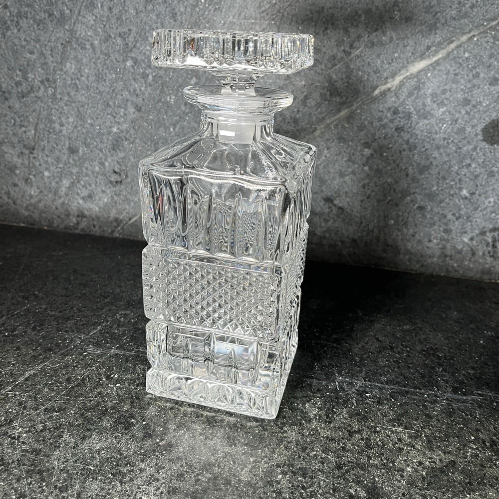 Vintage Cut Crystal Square Liquor Decanter & Stopper 8.75" Facets MCM Hollywood